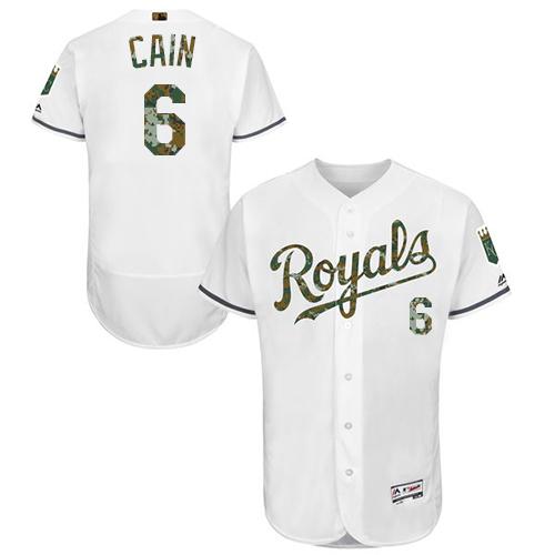 Royals #6 Lorenzo Cain White Flexbase Authentic Collection Memorial Day Stitched MLB Jersey - Click Image to Close